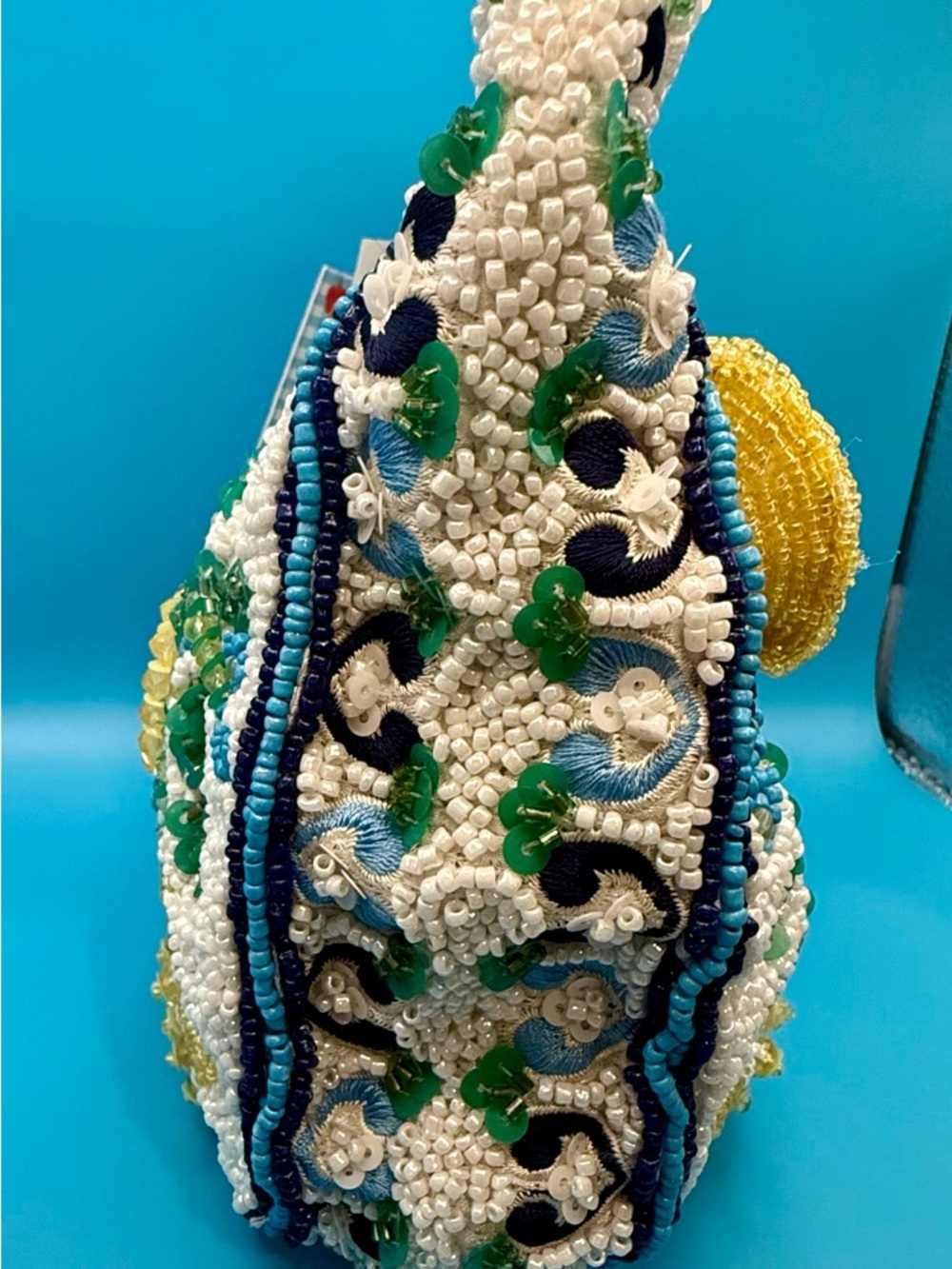 Made in India White Beaded Mini Bag with Yellow Lemon Key Charm - Picture 4 of 5